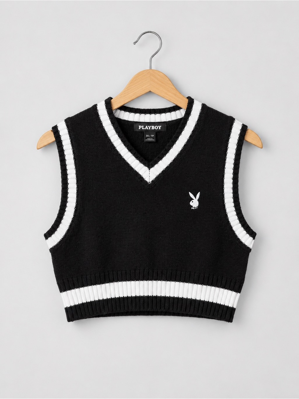 PLAYBOY Black & White Cropped V-Neck Knit Vest